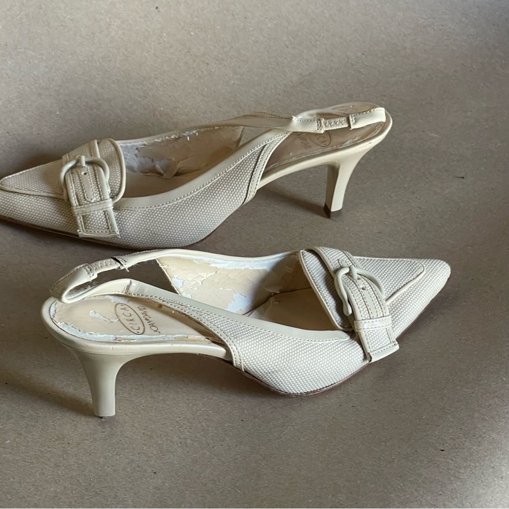 Joan & David Cream Pointed-Toe Slingback Mules with Buckle